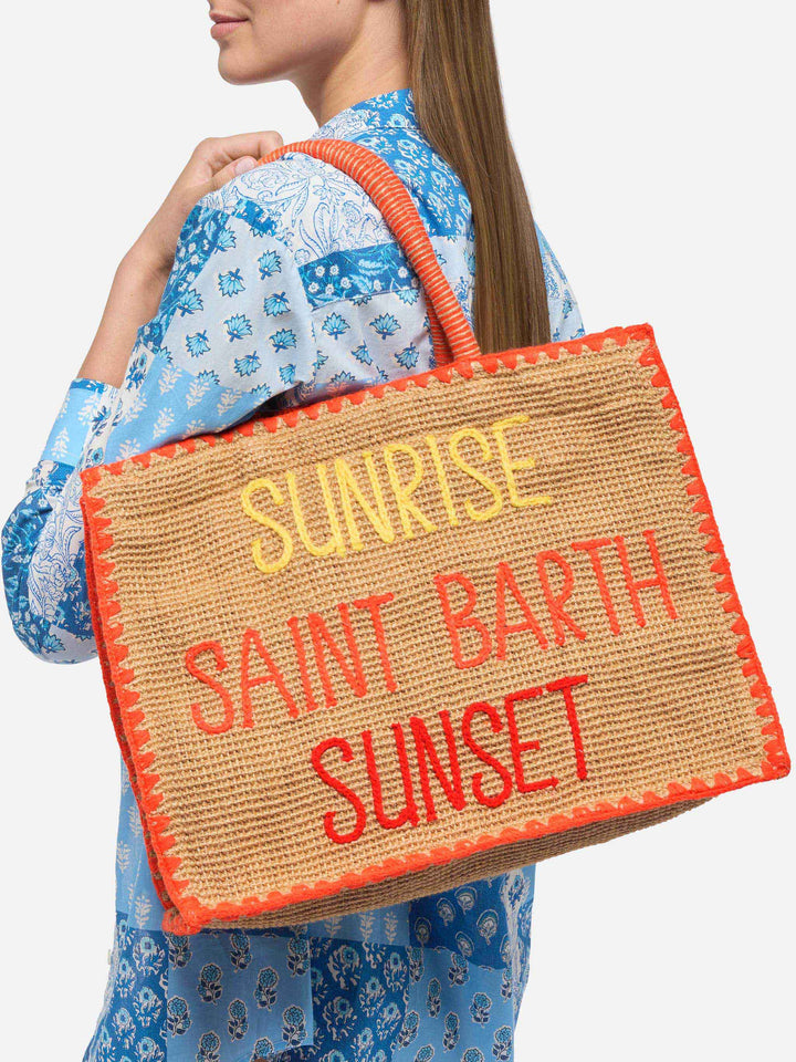 Beige Vivian Midi Jute handbag  with trim and embroidery