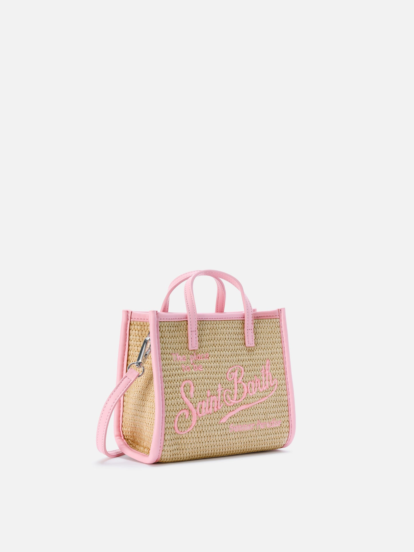 Borsa Vivian mini in tessuto effetto paglia con logo rosa ricamato