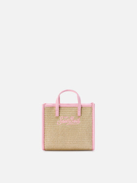 Borsa Vivian mini in tessuto effetto paglia con logo rosa ricamato