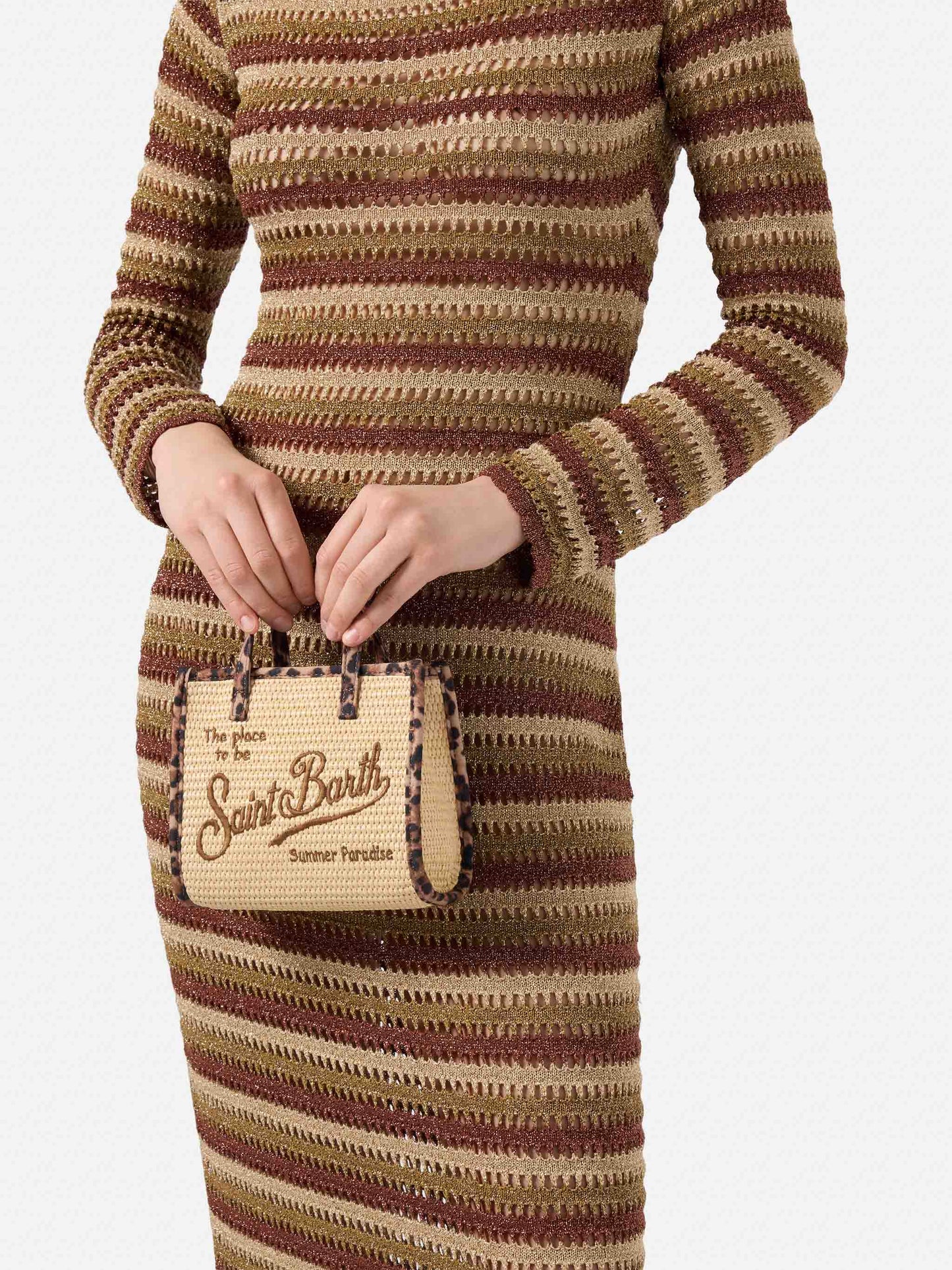 Vivian mini straw effect bag with leopard trims