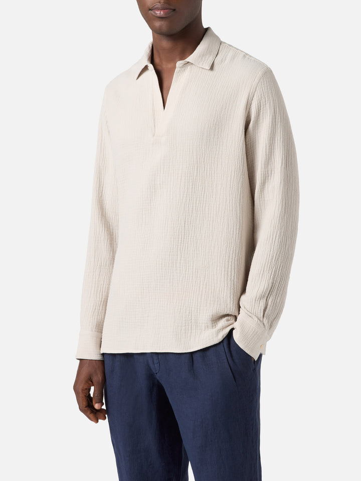 Long-sleeve Ventotene waffle cotton polo beige