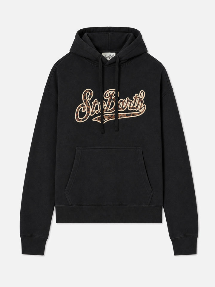 Virginia cotton hoodie in black with animal-print St. Barth embroidery