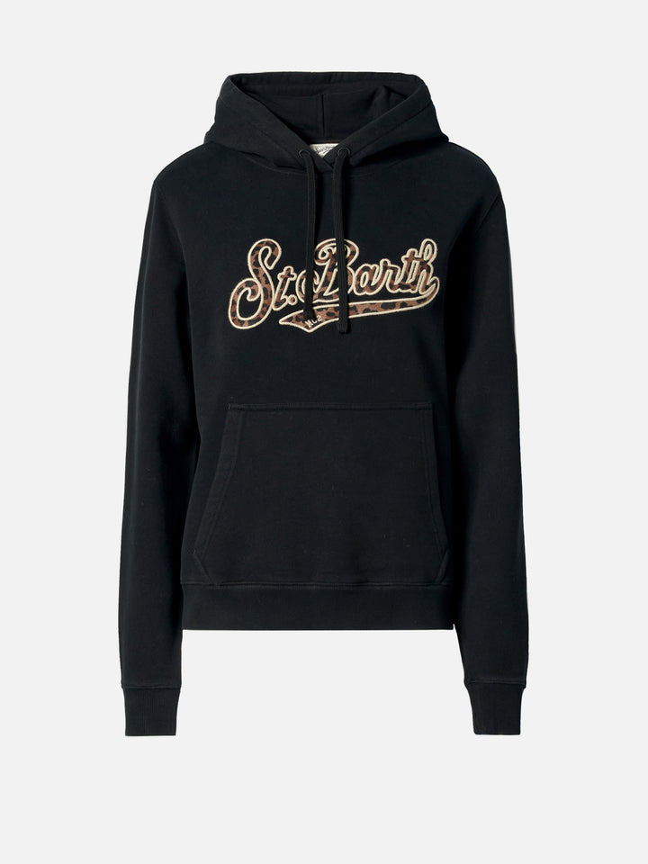 Sudadera con capucha de algodón Virginia en negro con bordado St. Barth de animal print 
