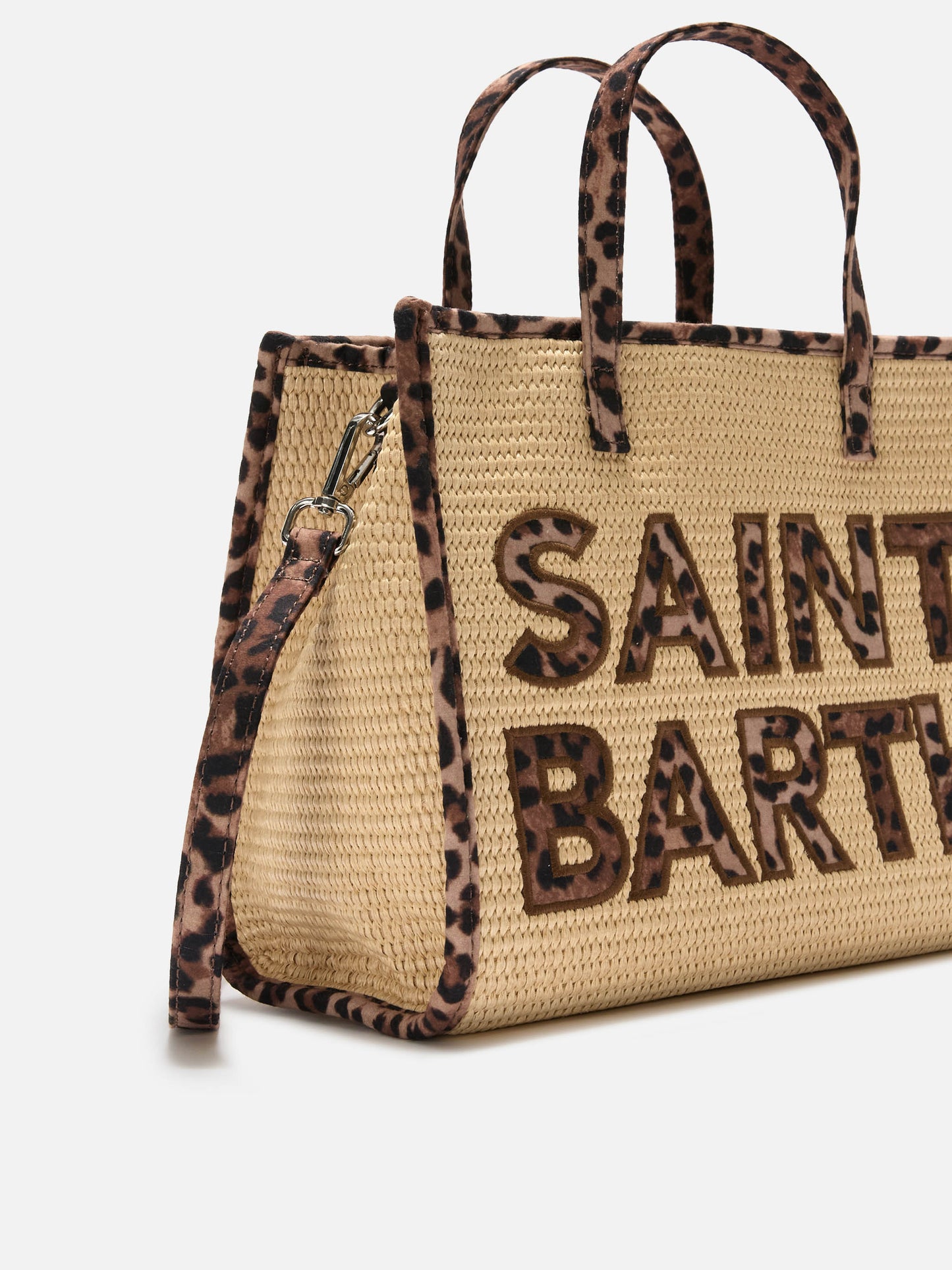 Vivian medium raffia effect bag with leopard logo patches