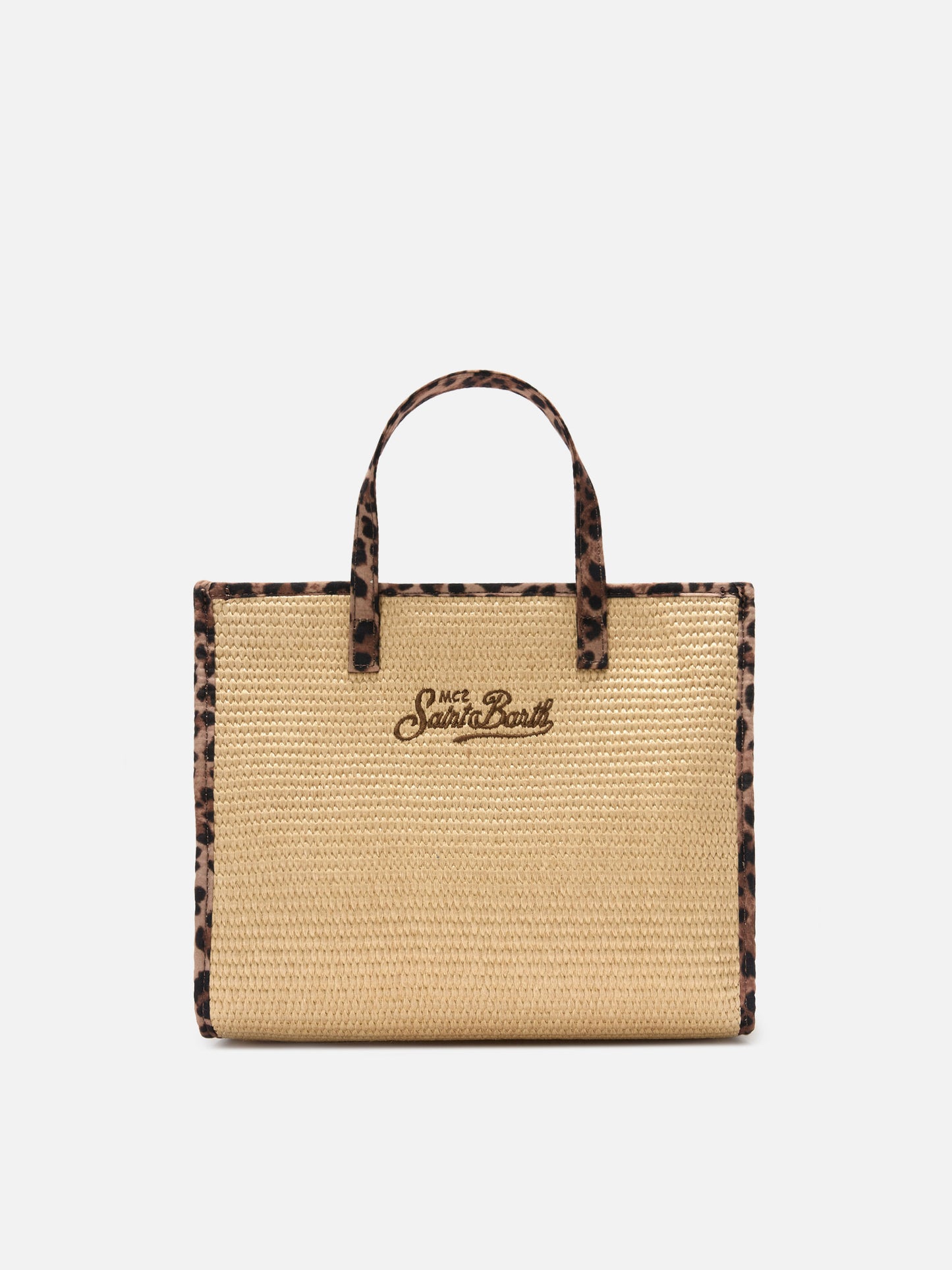 Vivian medium raffia effect bag with leopard logo patches