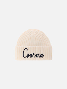 Wengen beanie in cashmere blend in white with Courma embroidery