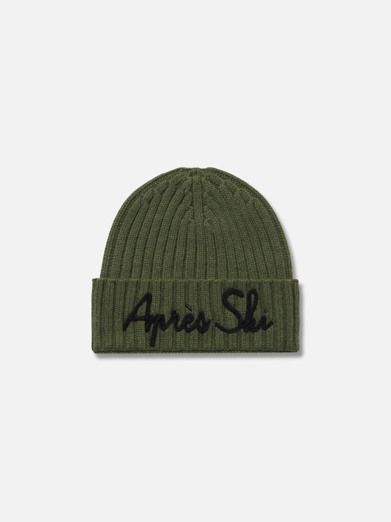 Man green ribbed hat Wengen with Apres ski embroidery