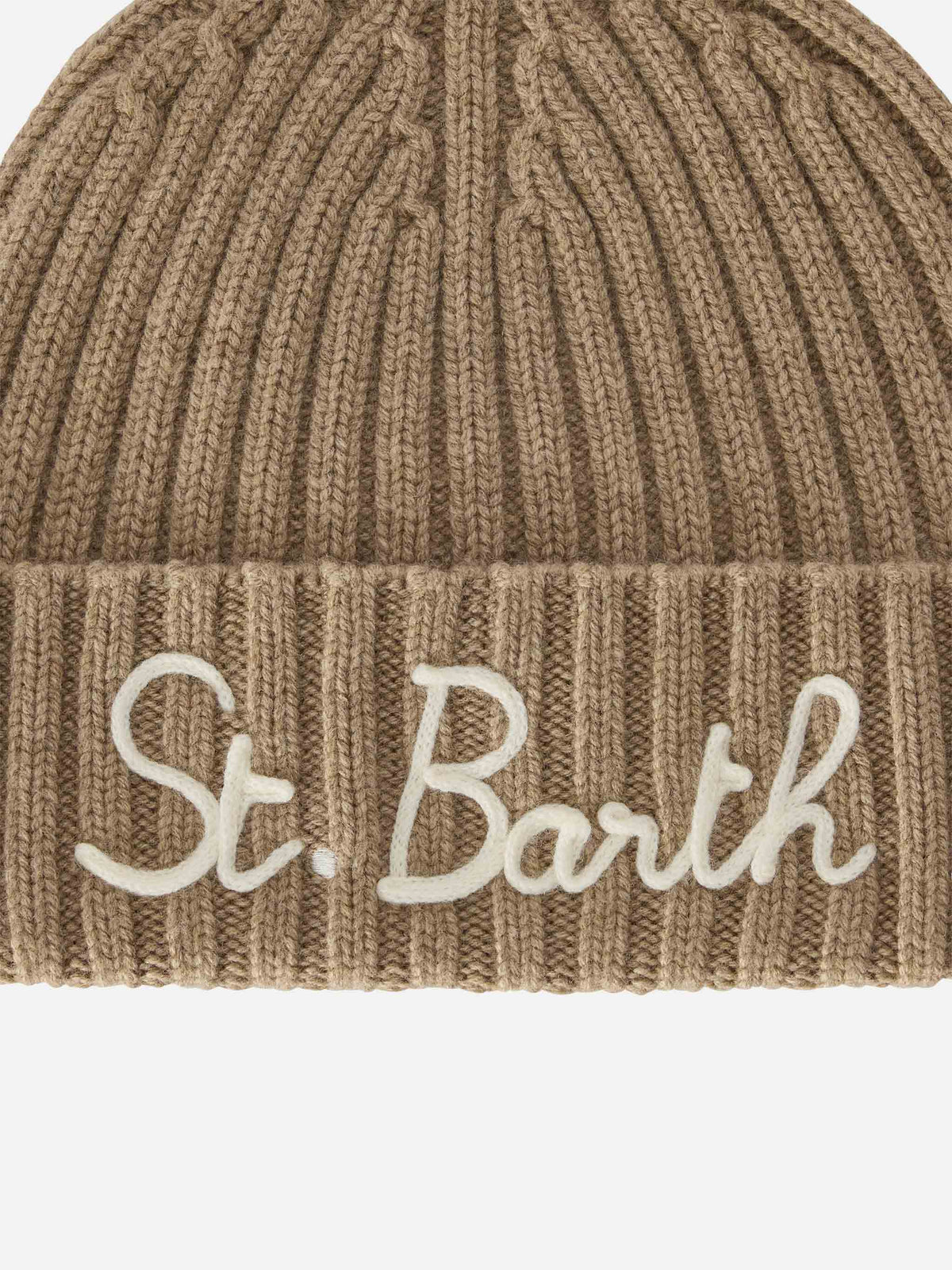 Beigefarbene Wengen-Mütze mit St. Barth-Stickerei 