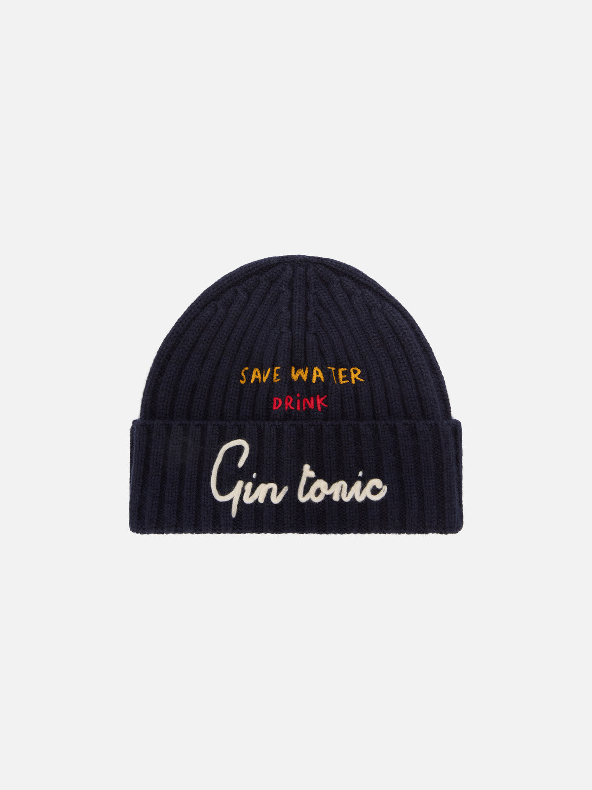 Marineblaue blue Wengen-Beanie mit „Save Water Drink Gin Tonic“-Stickerei 
