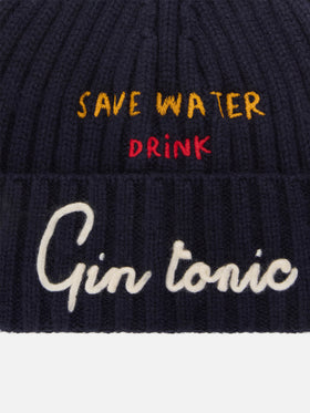 Marineblaue blue Wengen-Beanie mit „Save Water Drink Gin Tonic“-Stickerei 