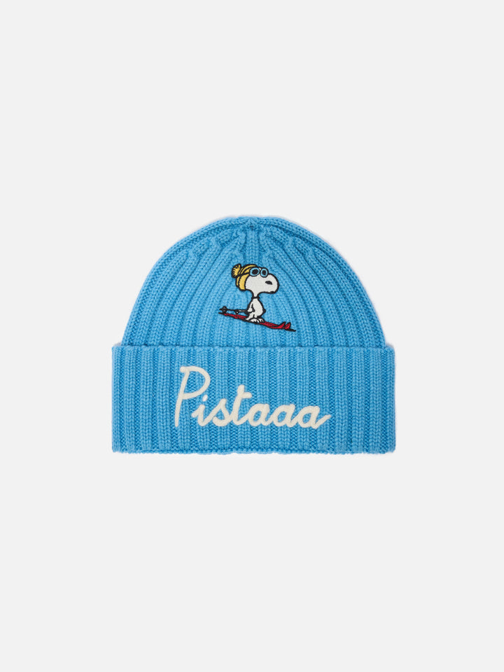 Wengen Jr beanie in cashmere blend in light blue with Snoopy patch and embroidery