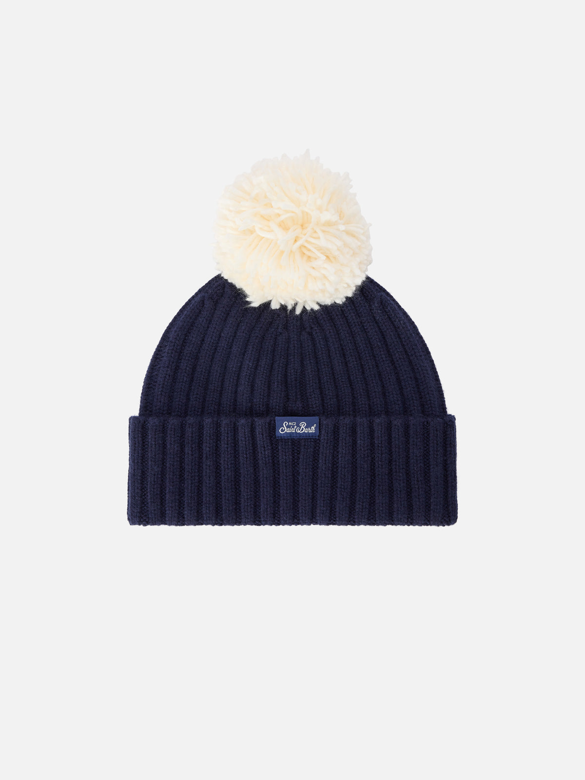 Marineblaue blue Wengen-Mütze mit Bommel und Cortina-Stickerei 