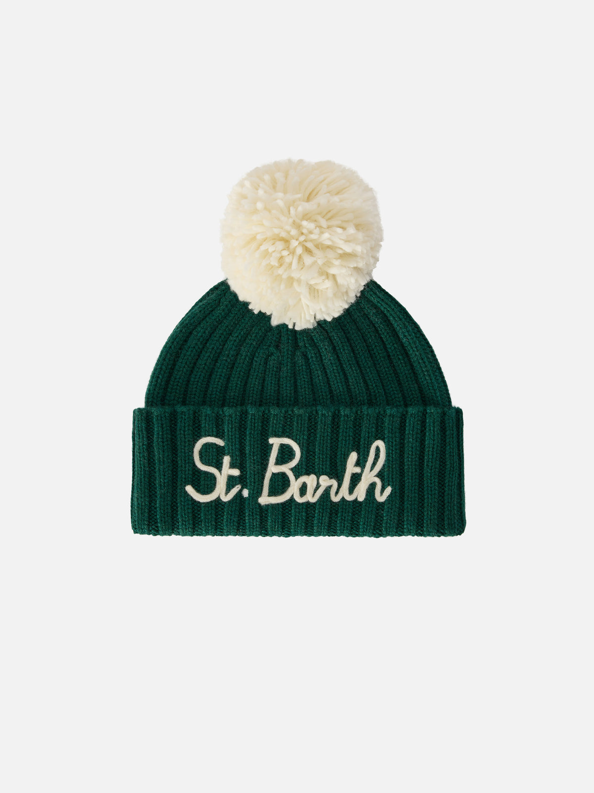 Grüne Wengen-Mütze mit Pompon und St. Barth-Stickerei 