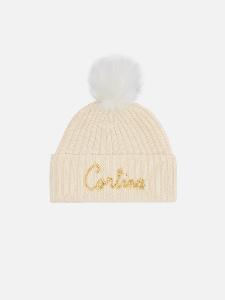 Berretto Wengen in misto cashmere bianco con ricamo lurex Cortinae pompon