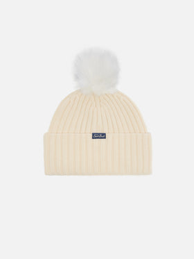 Berretto Wengen in misto cashmere bianco con ricamo lurex Cortinae pompon