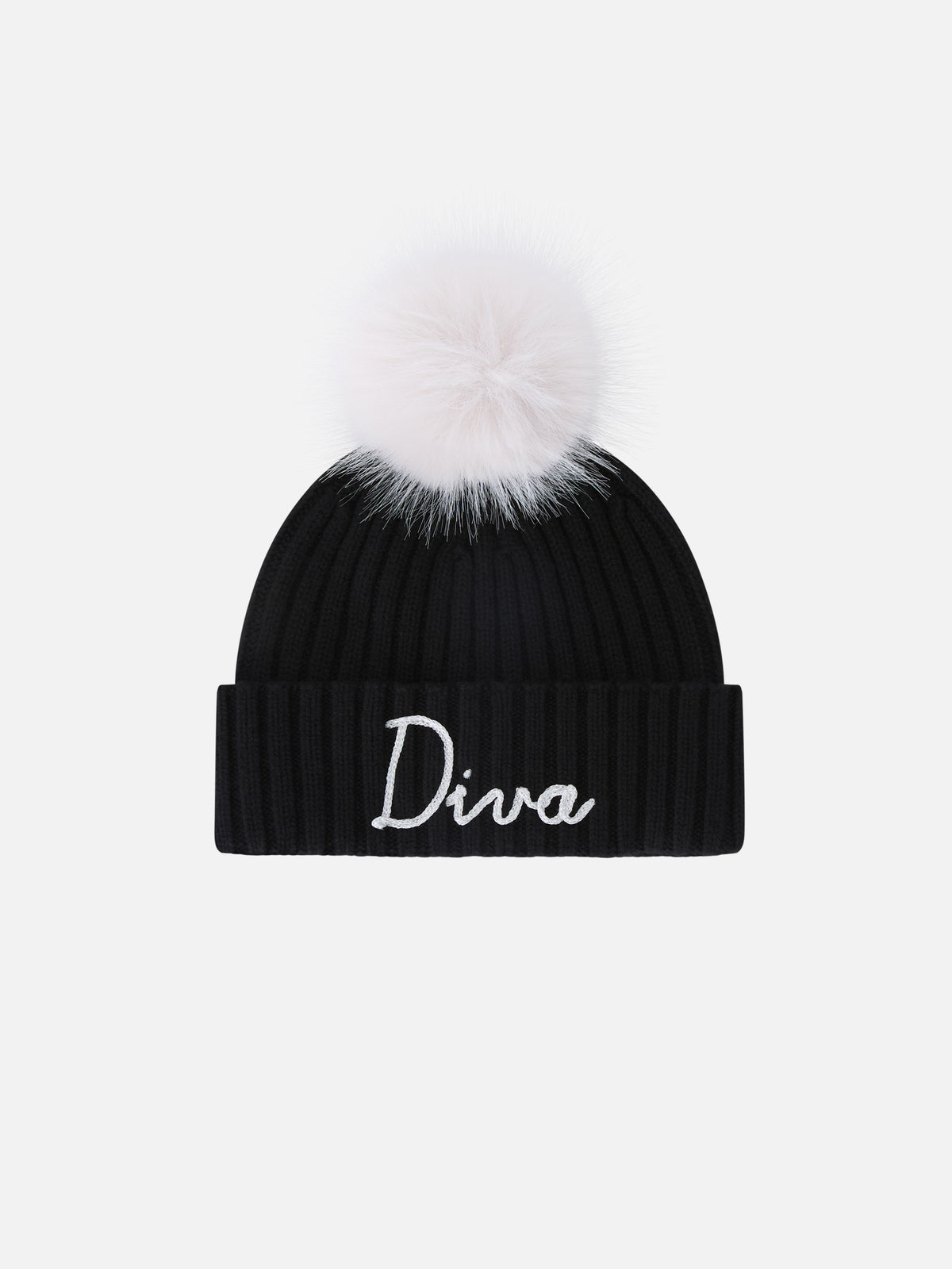 Schwarze Wengen-Mütze mit Pompon und Diva-Stickerei 