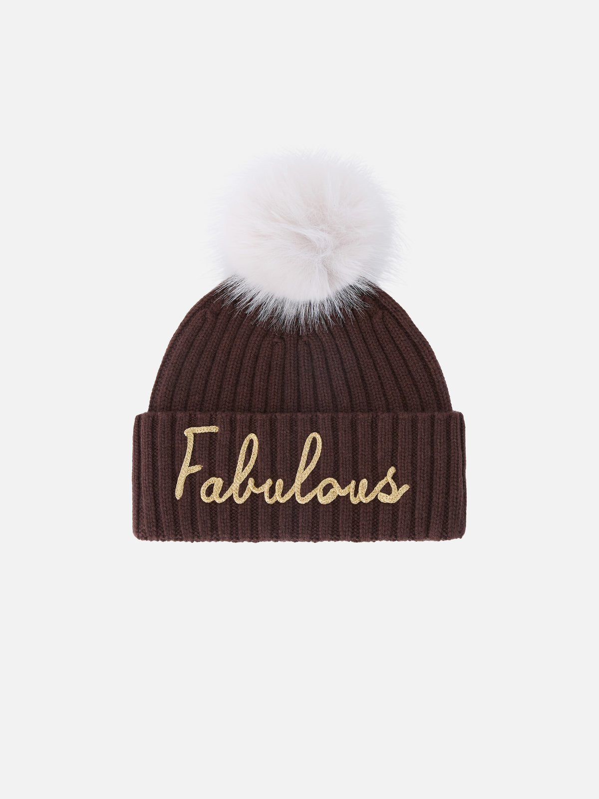 Braune Wengen-Mütze mit Pompon und Fabulous-Stickerei 