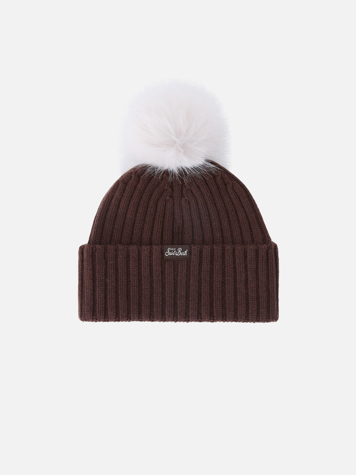 Braune Wengen-Mütze mit Pompon und Fabulous-Stickerei 