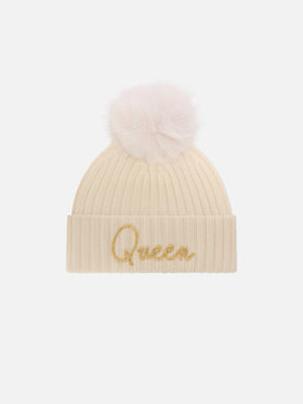 Off-white Wengen-Beanie mit Pompon und Queen-Stickerei 