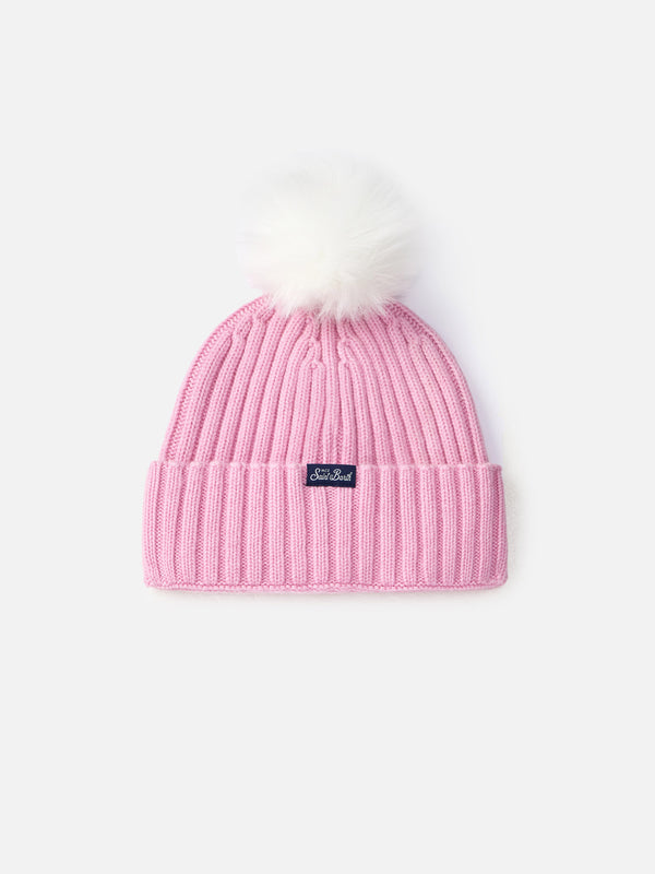 Woman pink ribbed hat Wengen with Cortina embroidery