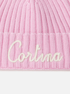 Wengen-Rippmütze für Damen in Rosa mit Cortina-Stickerei