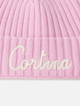 Woman pink ribbed hat Wengen with Cortina embroidery