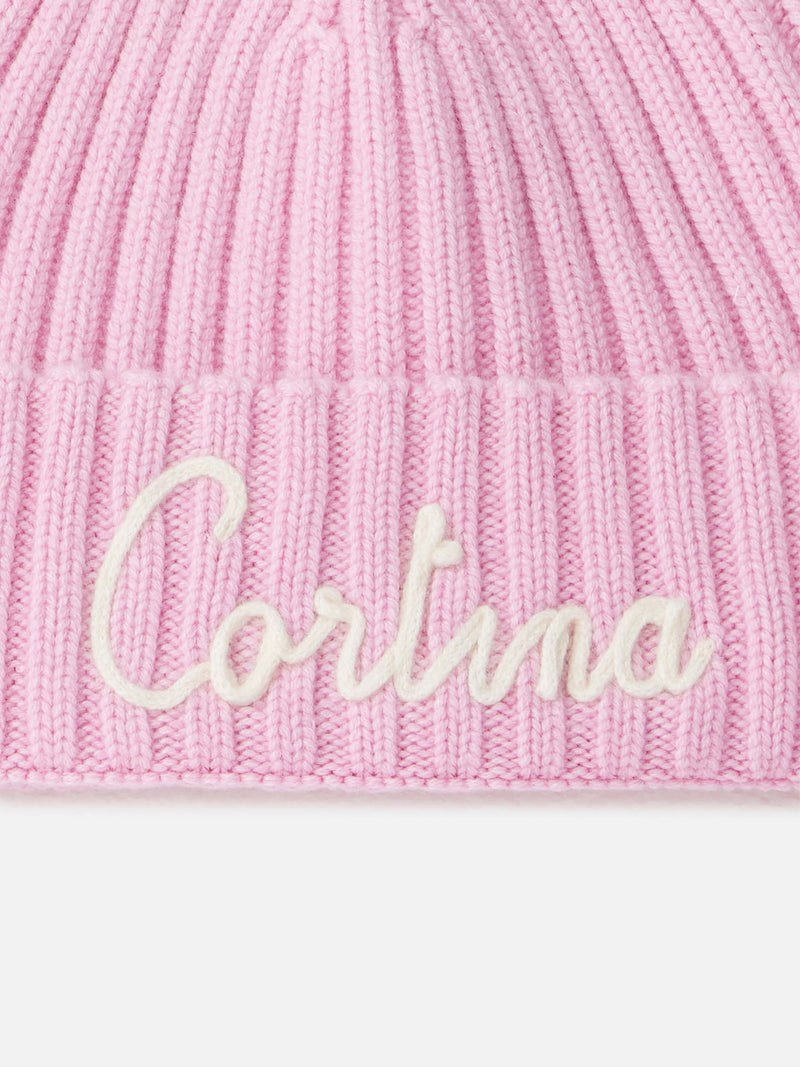 Woman pink ribbed hat Wengen with Cortina embroidery