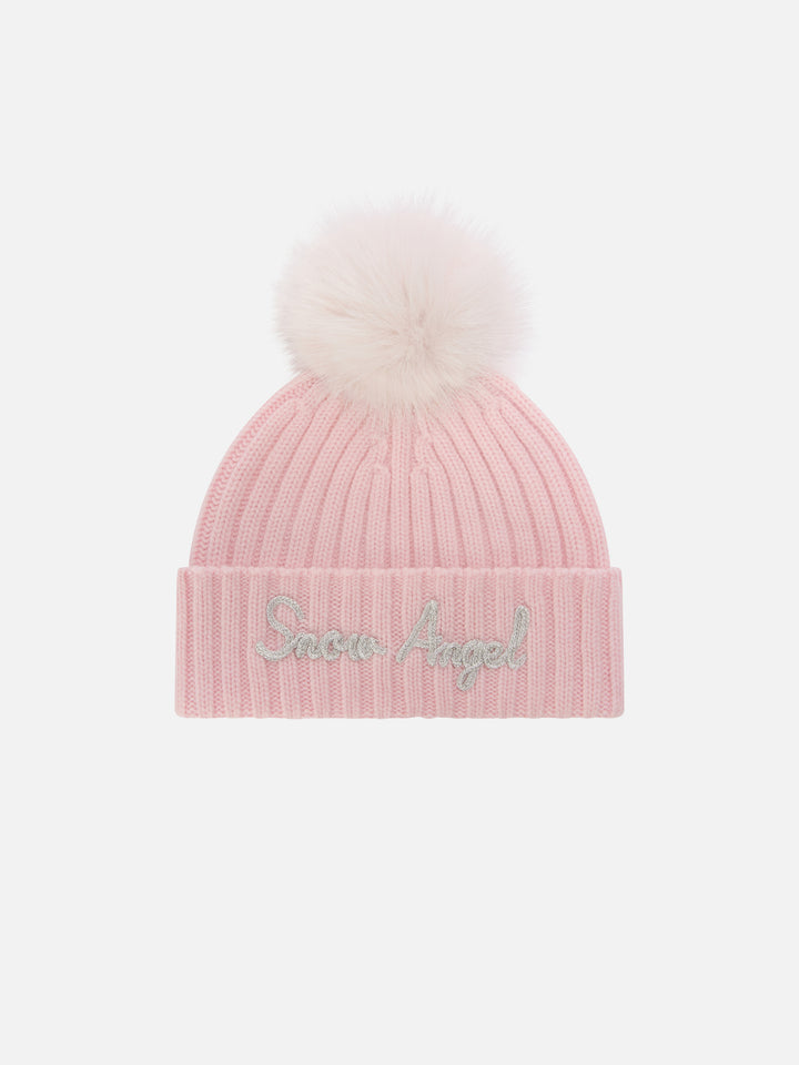 Rosafarbene Wengen-Mütze mit Pompon und Snow Angel-Stickerei 