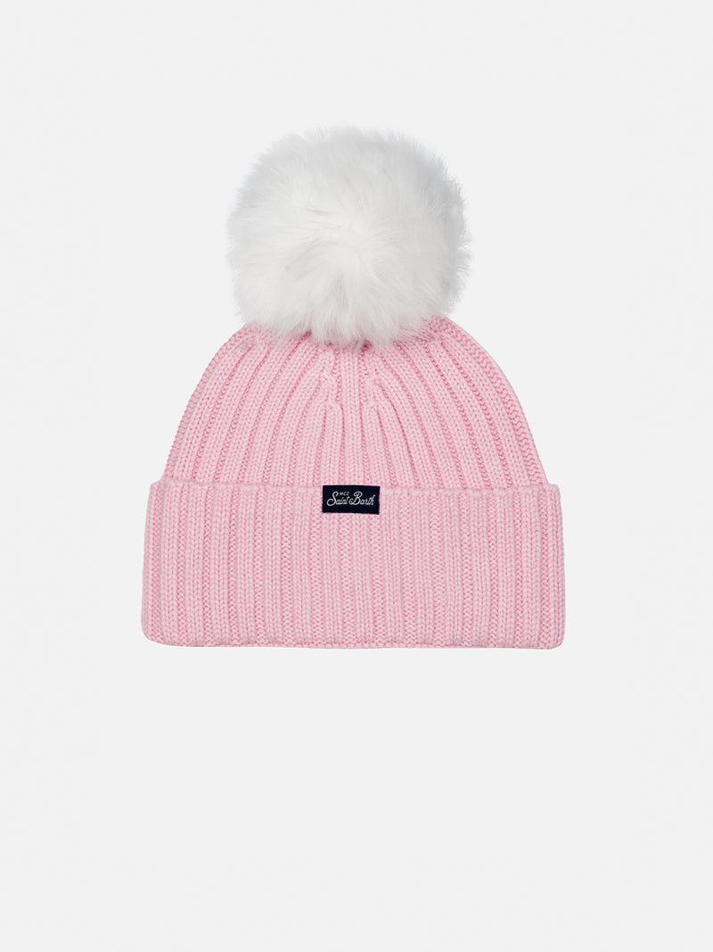 Girl pink hat Wengen with pompon and Monella embroidery