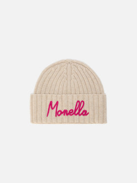 Wengen beanie in cashmere blend in beige with Monella embroidery