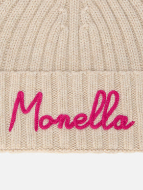 Wengen beanie in cashmere blend in beige with Monella embroidery