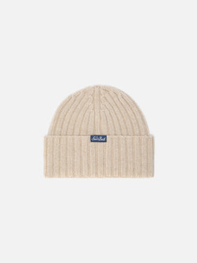 Wengen beanie in cashmere blend in beige with Monella embroidery