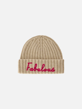 Beige Wengen beanie with Fabulous embroidery