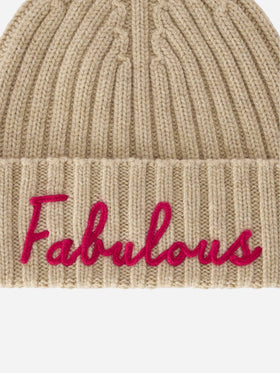 Beige Wengen beanie with Fabulous embroidery