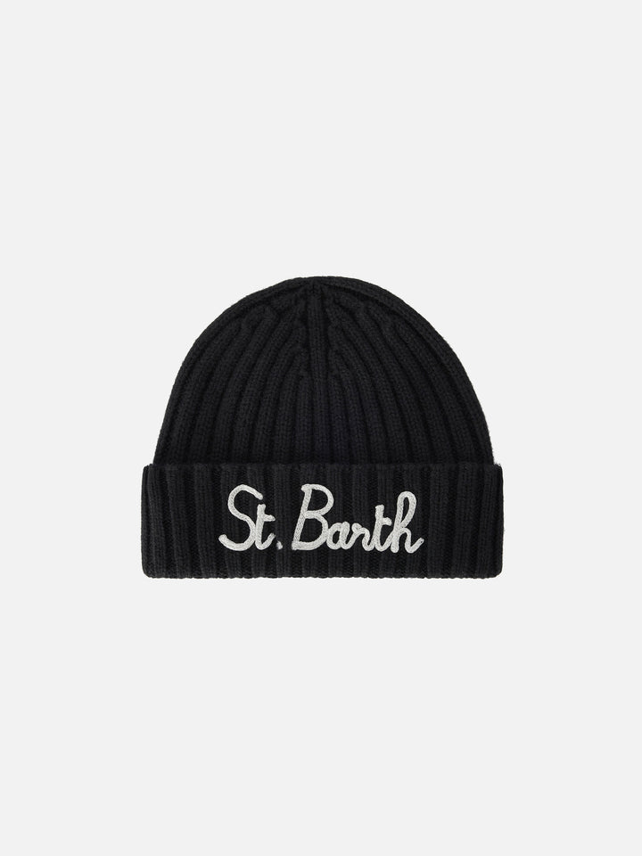 Gorro beanie Wengen negro con bordado del logo 