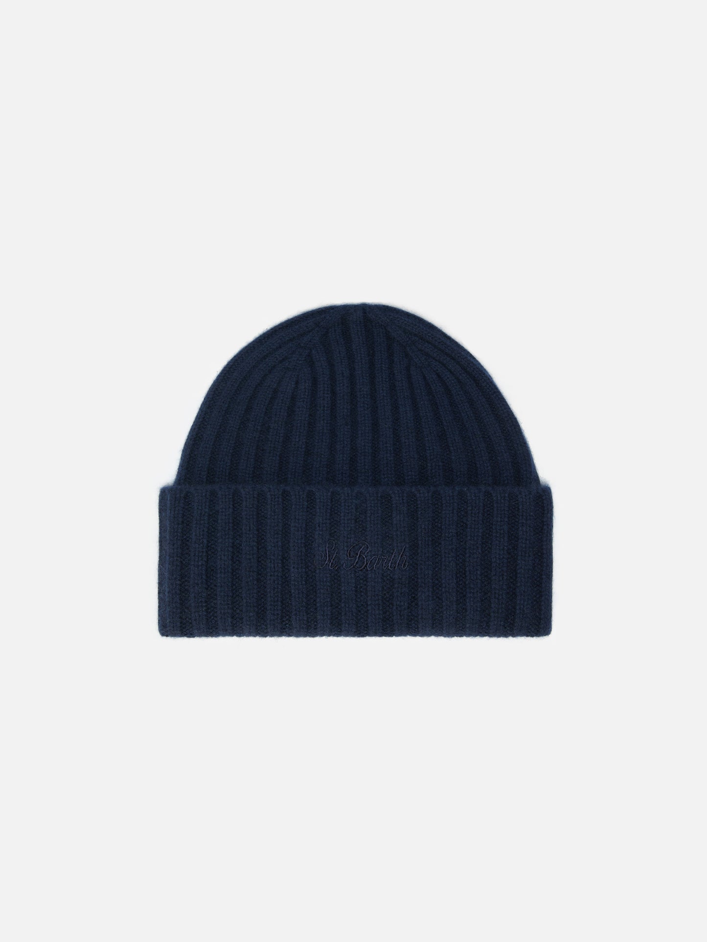 Wengen beanie in cashmere in navy blue with St. Barth embroidery on the turn-up