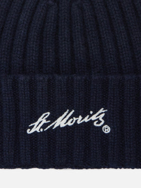 Berretto  Wengen in cashmere blu con Ricamo St. Moritz 