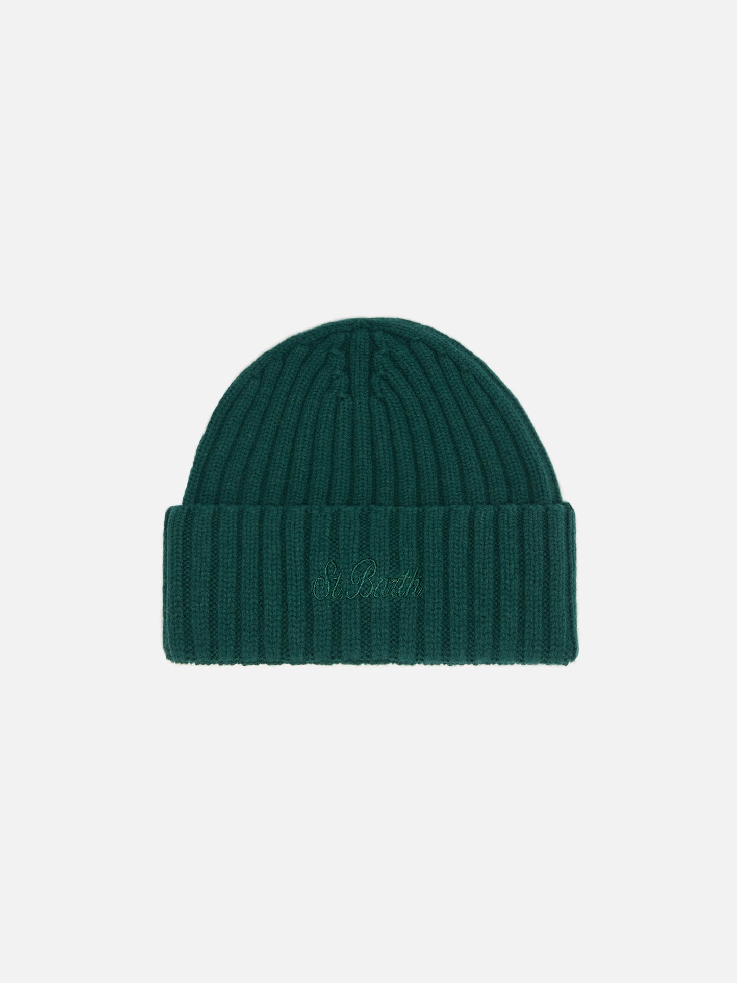 Wengen beanie in British green wool with St. Barth embroidery on the turn-up