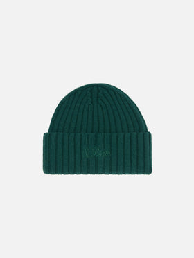 Wengen beanie in British green wool with St. Barth embroidery on the turn-up