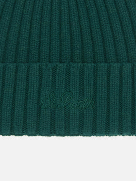 Wengen beanie in British green wool with St. Barth embroidery on the turn-up