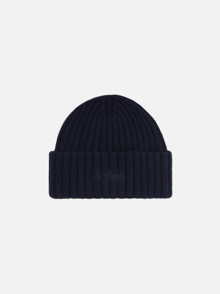 Wengen beanie in navy blue with St. Barth embroidery on the turn-up