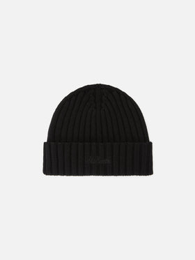 Schwarze Wengen Beanie aus Wolle mit gesticktem Logo 