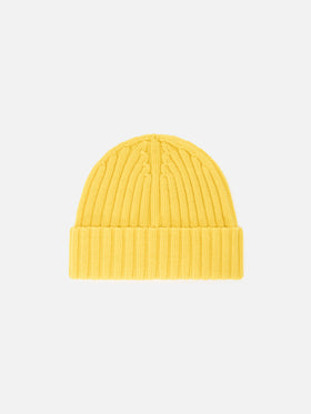 Gelbe Wengen Beanie aus Wolle mit Logostickerei 
