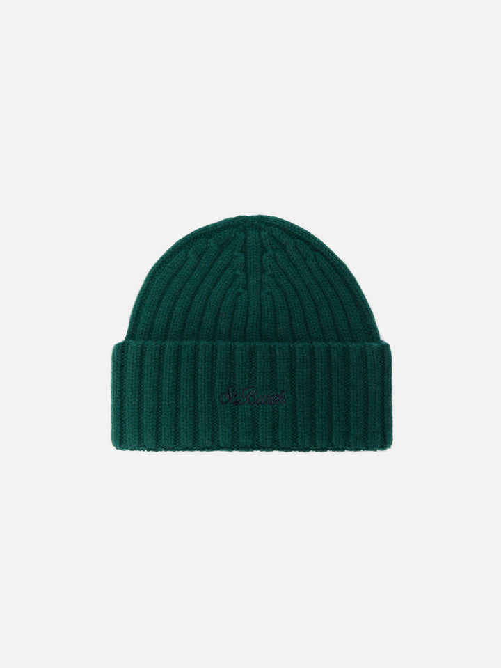 Wengen beanie in British green wool with St. Barth embroidery on the turn-up