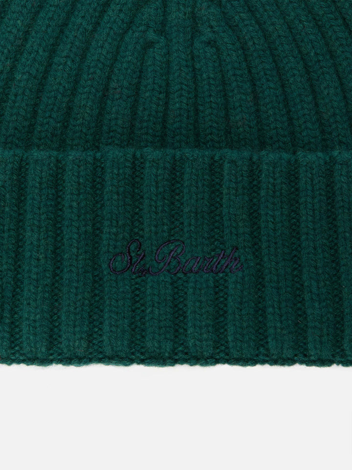 Wengen beanie in British green wool with St. Barth embroidery on the turn-up