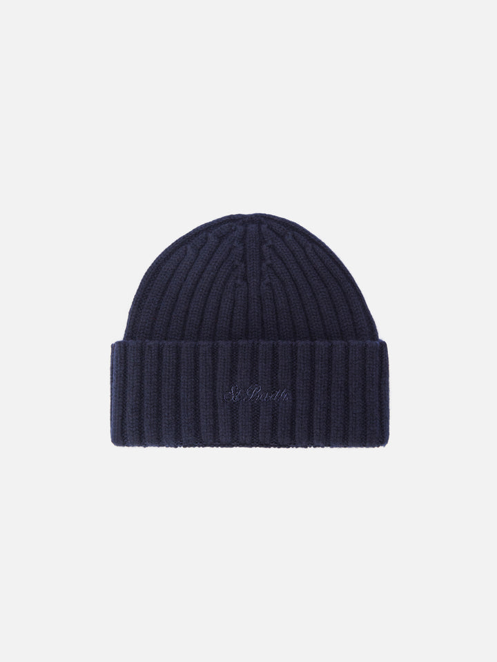 Wengen beanie in navy blue wool with St. Barth embroidery on the turn-up