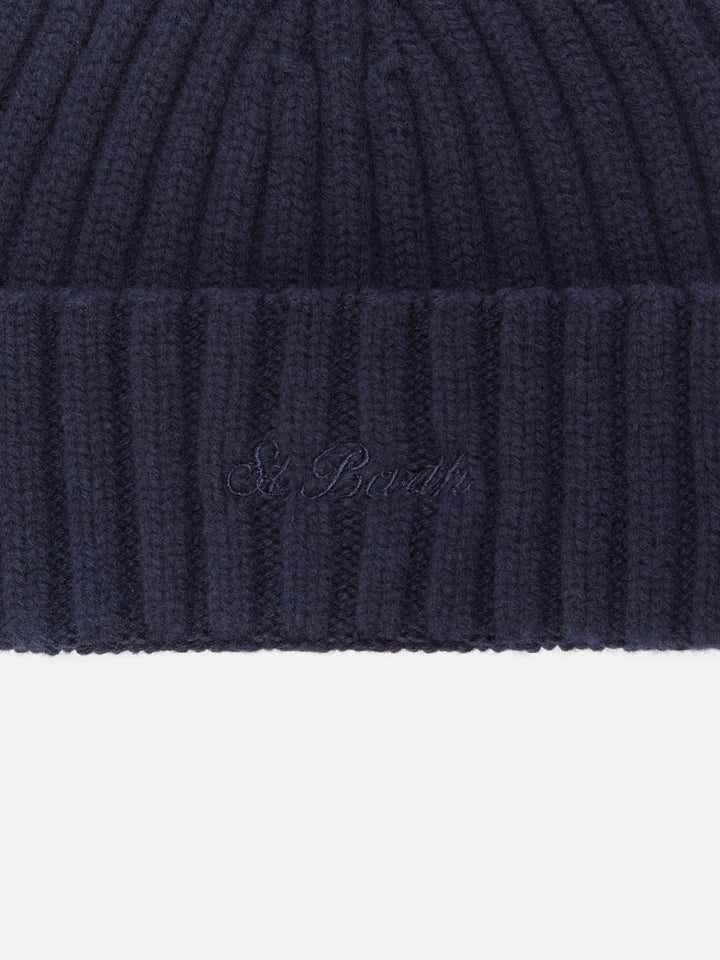 Wengen beanie in navy blue wool with St. Barth embroidery on the turn-up