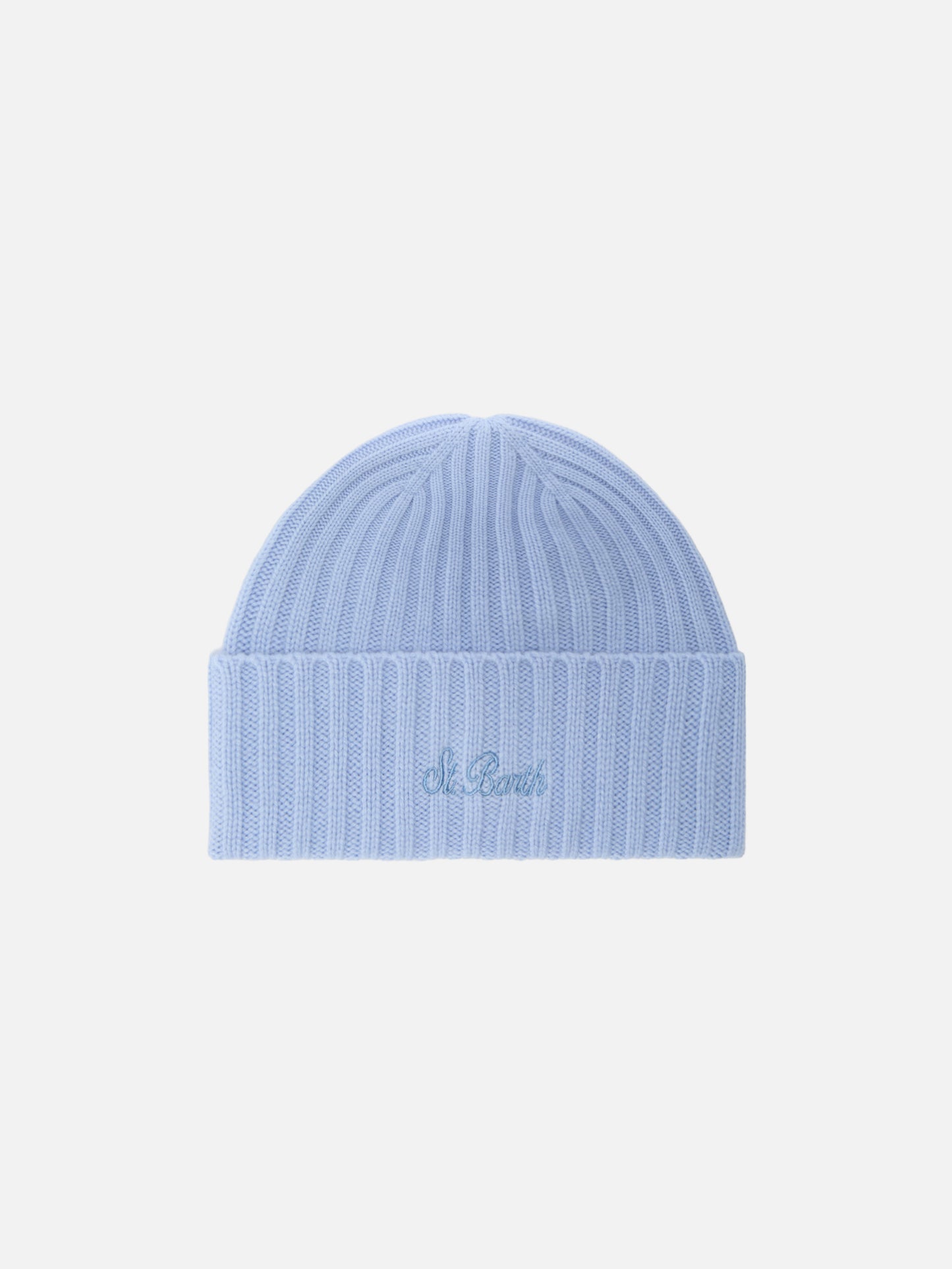Wengen beanie in light blue cashmere with St. Barth embroidery on the turn-up