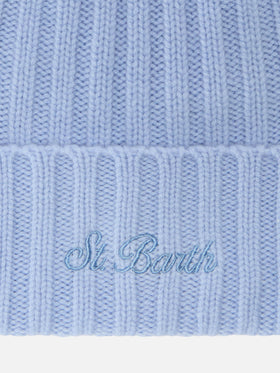 Wengen beanie in light blue cashmere with St. Barth embroidery on the turn-up