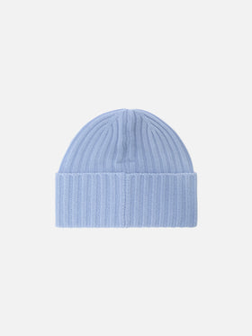 Wengen beanie in light blue cashmere with St. Barth embroidery on the turn-up